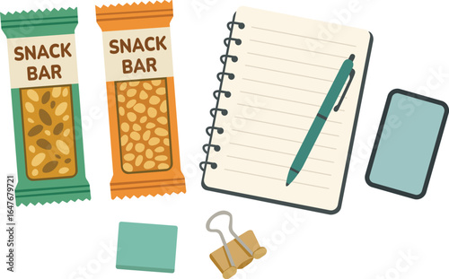 Snack bar notebook pen smartphone sticky note and binder clip on desk organized workspace productivity planning