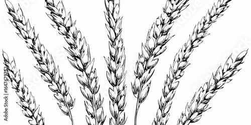 Vector illustration of several wheat stalks in black and white with detailed line work and shading style