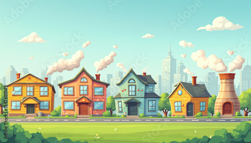 Cartoon Houses and Structure in a Row with Cityscape Background