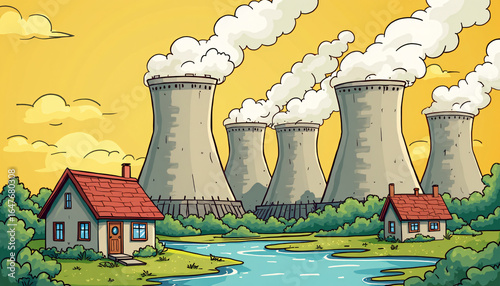 Cartoon Illustration of Nuclear Plant with Houses and River