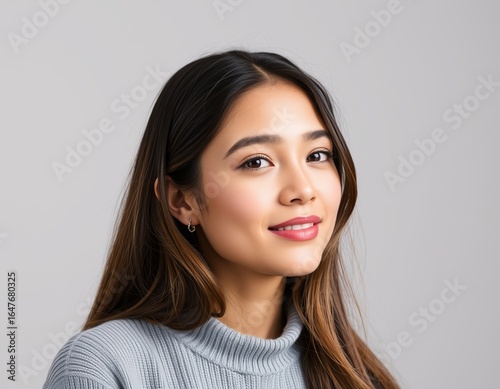 Portrait of a young woman with long brown hair smiling wearing a blue turtleneck sweater indoors