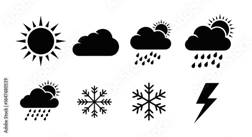 A collection of black weather icons representing sun, clouds, rain, snow, and lightning.