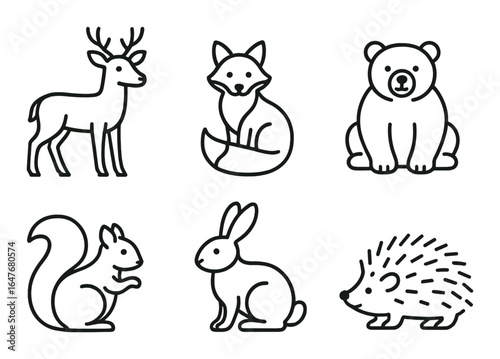 Forest animals outline: deer, fox, bear, squirrel, rabbit, hedgehog silhouettes