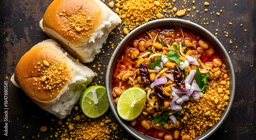 Delicious misal pav with vibrant toppings, served with lime and crumbs