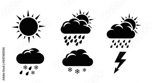 Weather icons showing sun, clouds, rain, snow, and lightning on a white background.