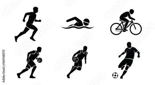 Silhouettes of athletes participating in various sports activities including running, swimming, cycling, basketball, and soccer.