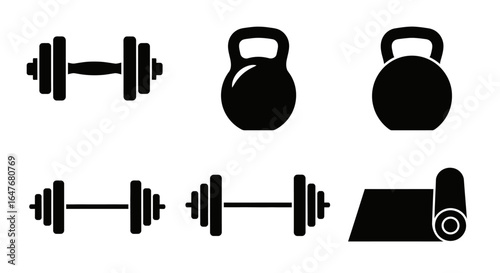 A collection of black and white icons representing various weightlifting and fitness equipment, including dumbbells, kettlebells, and a yoga mat.