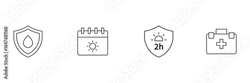 Daily sun care protection reminder with hydration shield calendar uv defense timer and emergency medical kit icon vector set