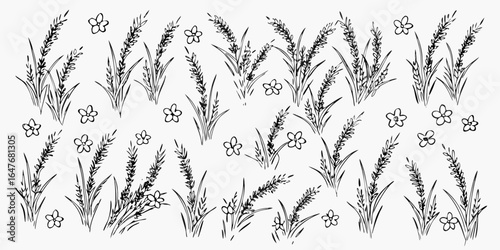 Vector illustration of black and white floral pattern with grass and flower arrangements repeated evenly across