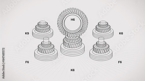 A technical engineering illustration of a spiral bevel gear system in black and white.