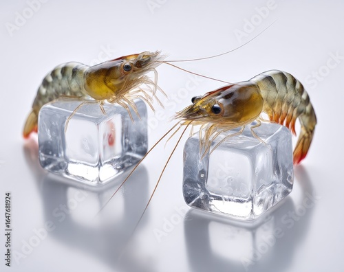 Two shrimp on ice cubes
