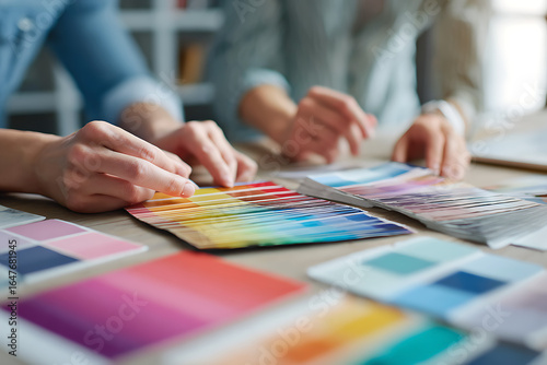 Creative professionals collaborate selecting vibrant colors from swatches, inspiring design ideas for a modern project.