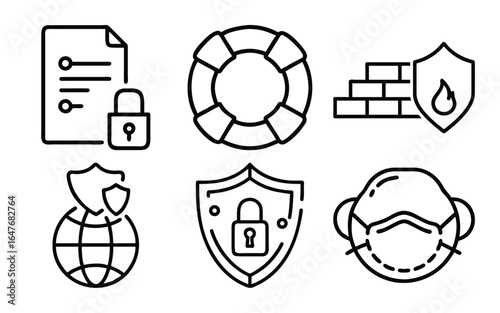 A set of six simple line art icons representing security, safety, and protection in various contexts.