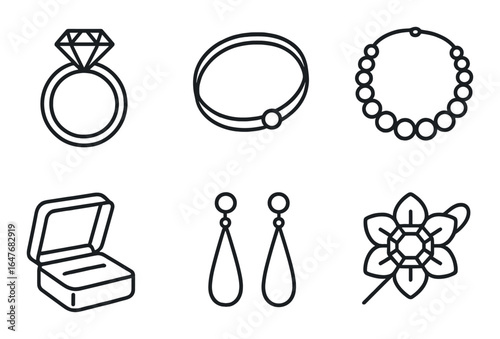 Elegant jewelry set: rings, bracelets, necklaces, earrings, and brooch in minimalist black design