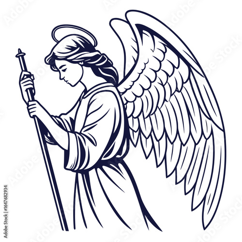 An angel holding a shepherd's staff gently. This religious and symbolic image is perfect for traditional holiday designs that focus on the nativity story and its spiritual meaning.