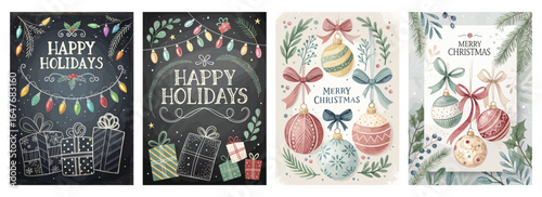 Colorful holiday illustrations featuring festive decorations and cheerful messages of 'Happy Holidays' and 'Merry Christmas'.