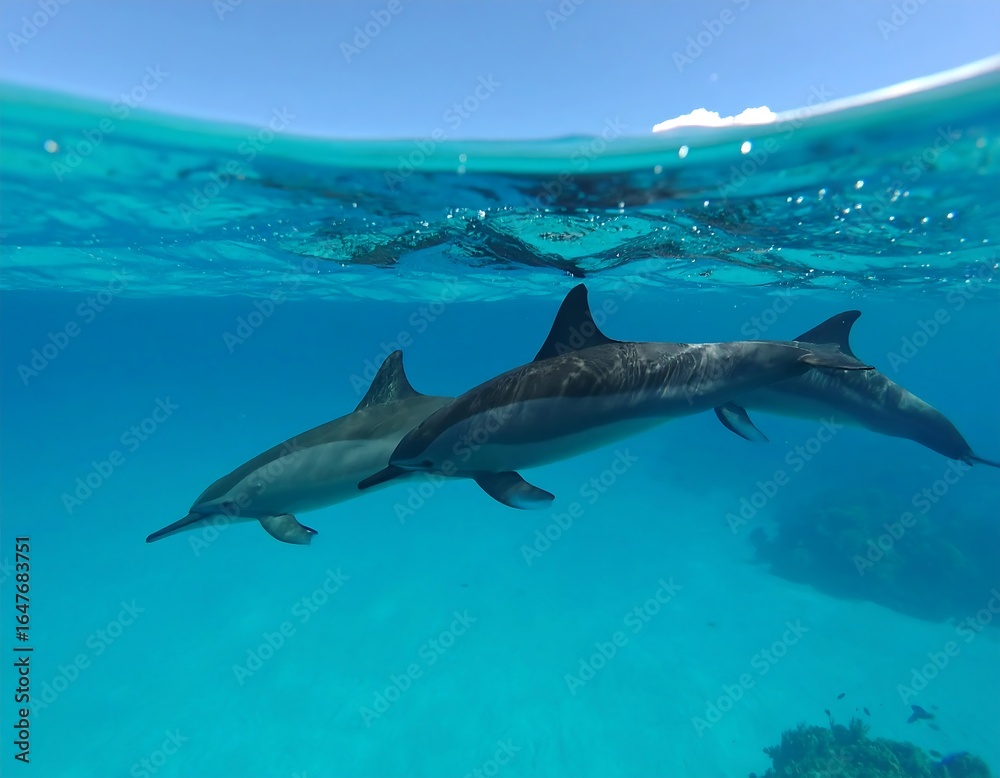 Naklejka premium Two dolphins swimming in clear turquoise water