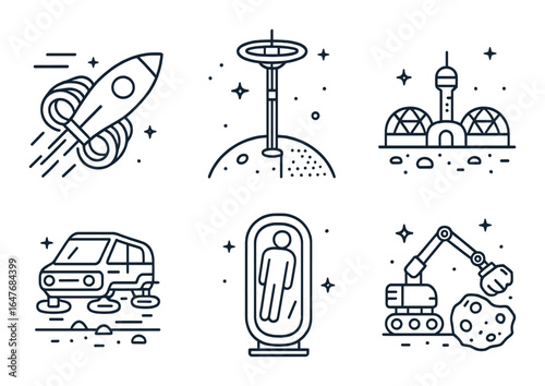 Minimalist space exploration icons with rocket, moon base, and rover