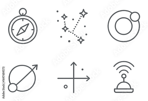 Minimalist tech icons featuring compass, constellation, planet, arrow, cross, and satellite dish