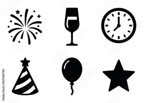 Celebration icons: fireworks, wine glass, clock, party hat, balloon, star