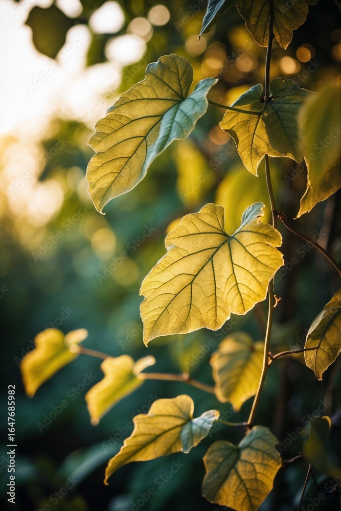 Obraz premium Close-Up of Backlit Vine Leaves with Visible Veins in Golden Light