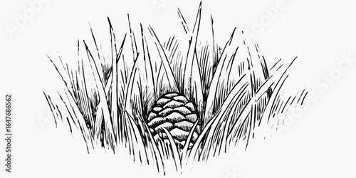 Vector detailed monochrome drawing of a pine cone nestled amidst tall blades of grass in a natural setting