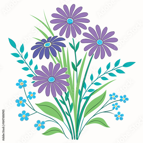 Charming bouquet presents purple daisy flowers alongside vibrant blue blossoms and verdant foliage