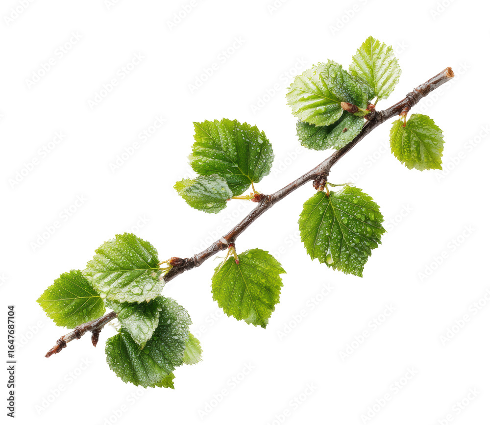 Fototapeta premium Fresh green leaves on branch with water droplets nature isolated on transparent background