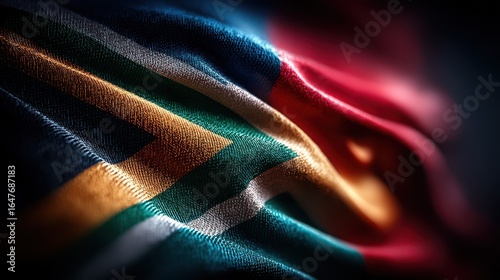 South African flag waving in the wind, showcasing its vibrant colors and unique pattern during a sunny day