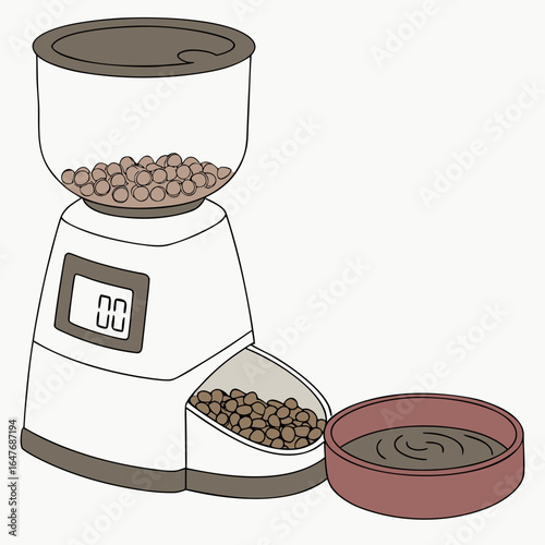 White automatic pet feeder with brown kibble and bowl