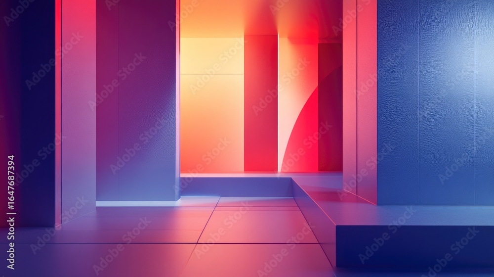 Fototapeta premium Modular 3D abstract geometric stage with gradient lighting and smart grid zone, for digital advertising, e-commerce hero images, and brand visual systems, pure background with copy space