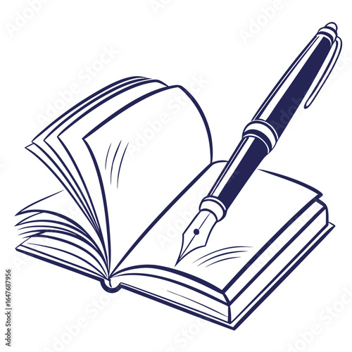 Dark blue pen writing on open book fountain pen