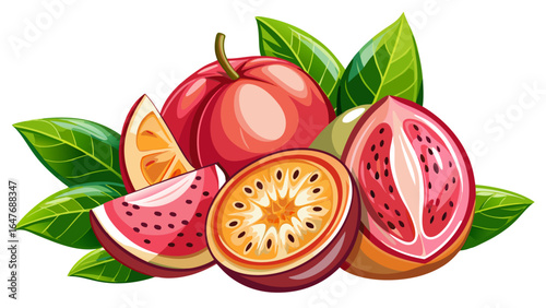 Fresh fruit sliced open reveals vibrant pink flesh glistening with juice, delicate seeds nestled within, and glossy green leaves adding contrast against the crisp purity of the white background.