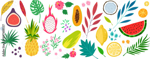 Tropical summer fruits set with flowers and palm leaves. Hand drawn vector design kit.