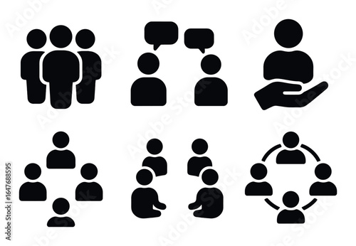 Black silhouettes of people icons representing teamwork and communication