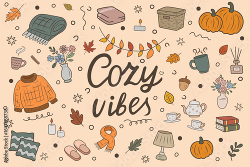 Bright vector doodle image with handwritten lettering Cozy vibes surrounded by autumn elements. Perfect for seasonal projects, cards and decor. Warm color palette, cute details and decorative elements