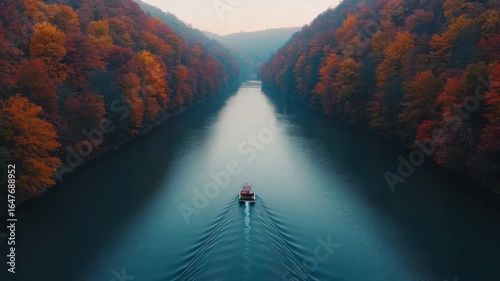 Serene Autumn River Cruise:  Boat Journey Through Vibrant Fall Foliage