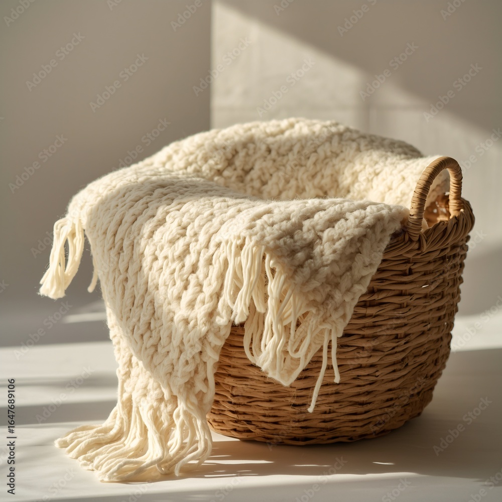 Obraz premium Wicker basket with cream knitted blanket
