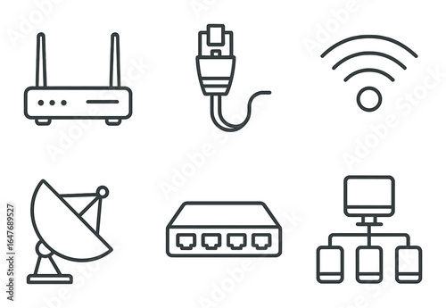 Networking icons: router, cable, wifi, satellite, switch, network devices