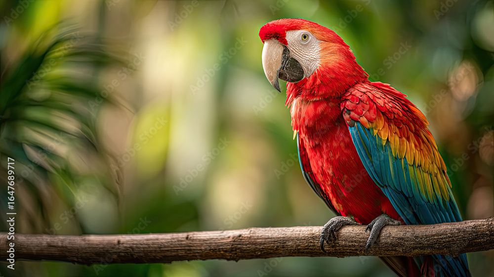 Obraz premium Scarlet Macaw Perched on Branch in Tropical Costa Rica Jungle with Colorful Feathers and Natural Sunlight