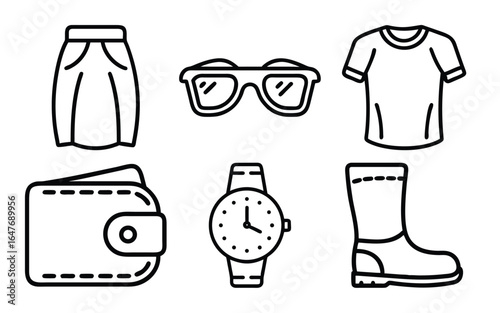 A collection of six hand-drawn icons depicting common clothing items and personal accessories, presented in a clean, minimalist style.