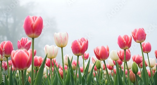 Field of vibrant pink and white tulips blooming in soft morning mist