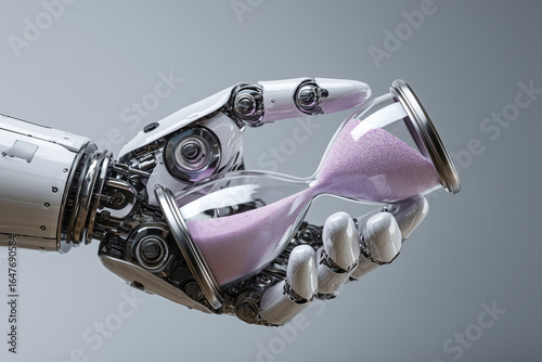 Android white metal robot hand holding a sand clock with pastel purple sand in its fingers on a metal grey background. Concept of AI artificial intelligence technology and business. 