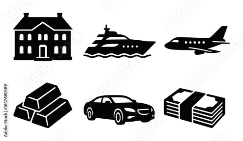Luxury lifestyle icons: mansion, yacht, jet, gold bars, car, cash