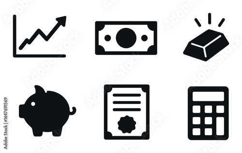 Financial icons: chart, currency, gold, piggy bank, document, calculator