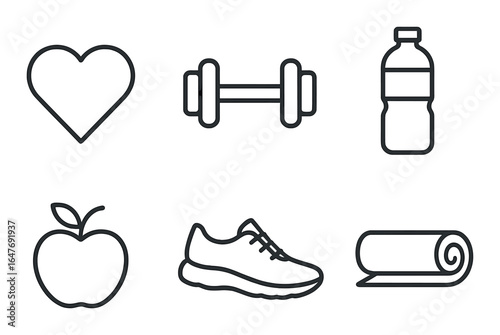 Fitness icons: heart, dumbbell, water bottle, apple, shoe, yoga mat