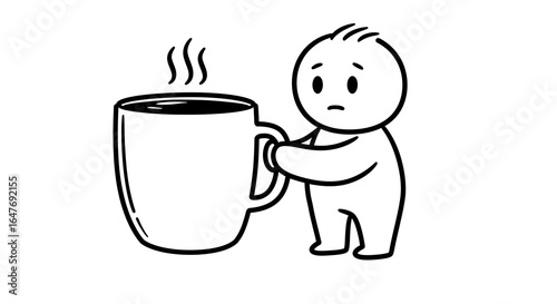 Cartoon stick figure holding a steaming mug simple line art illustration