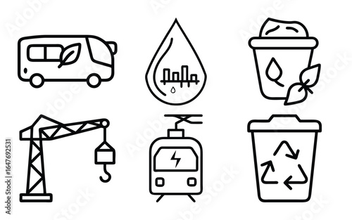 A collection of hand-drawn icons depicting various aspects of a green city, including electric transport, recycling, and construction.
