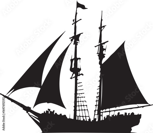 Black silhouette of a sailing ship with full sails