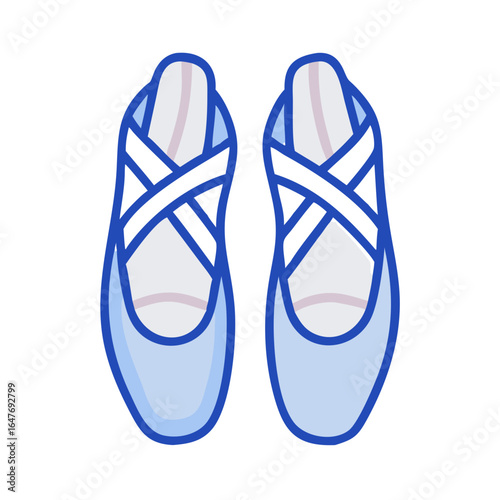 Pair of light blue ballet pointe shoes with blue outline and cross straps